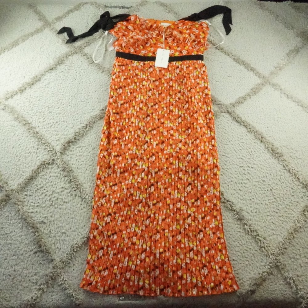 Anthropologie Foxiedox Floral Pleated Dress Womens Medium Orange NEW